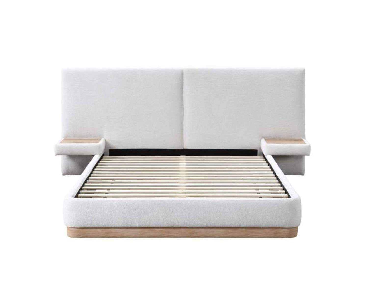 Upholstered Ivory Fabric Bed with Tall Panel Headboard & Floating Nightstands 5927