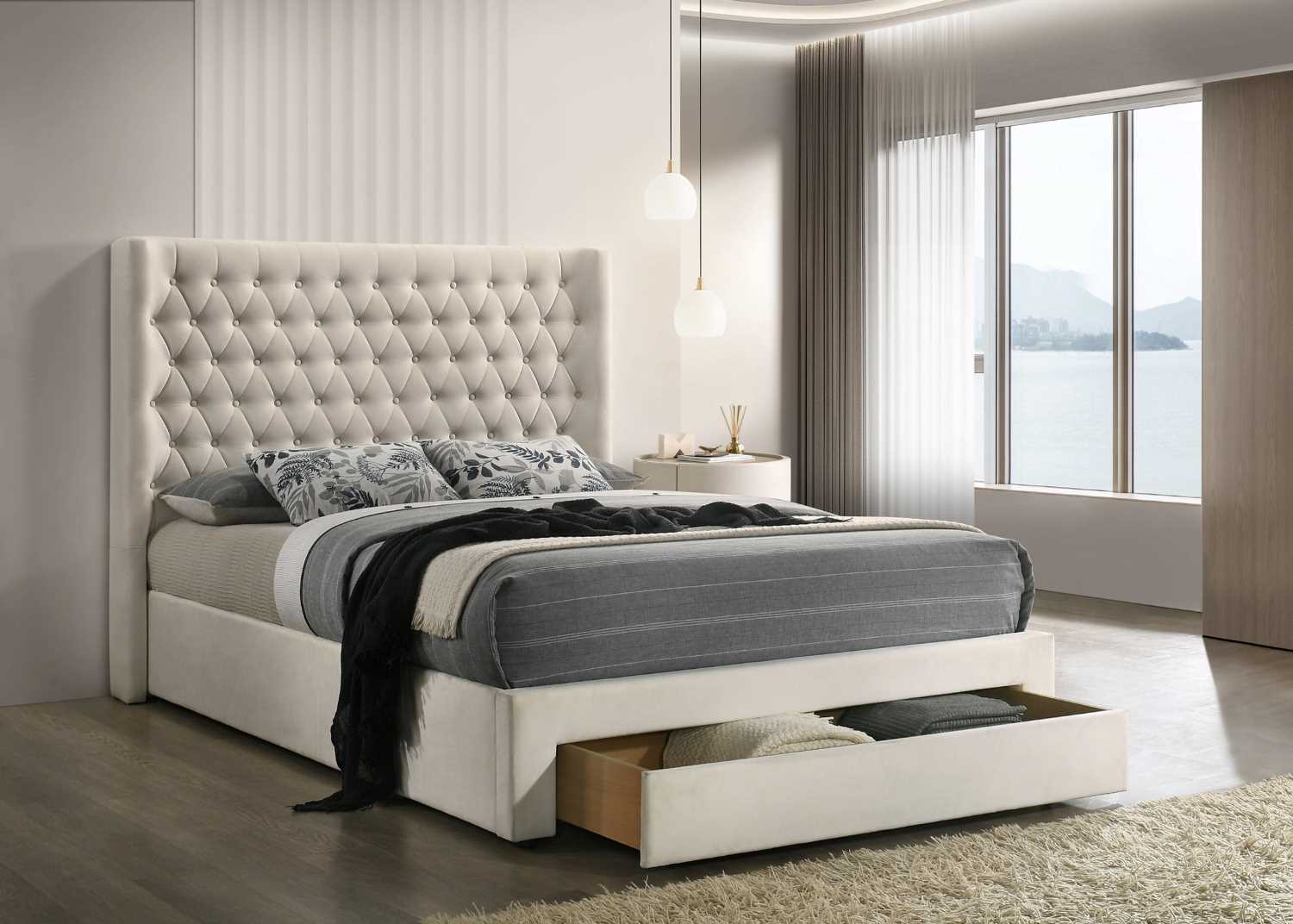 Upholstered Ivory Velvet Bed with Built-In Storage Drawer 5760