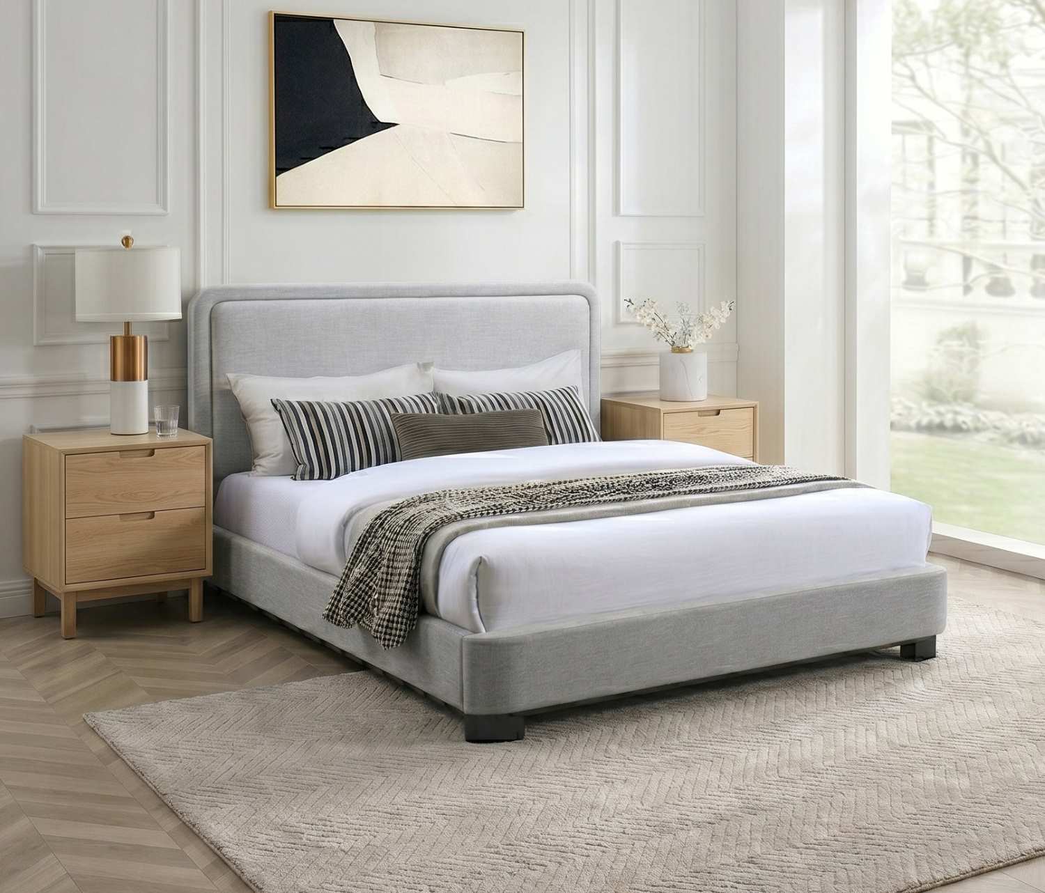 Upholstered Light Grey Fabric Bed with Rounded Headboard 5911