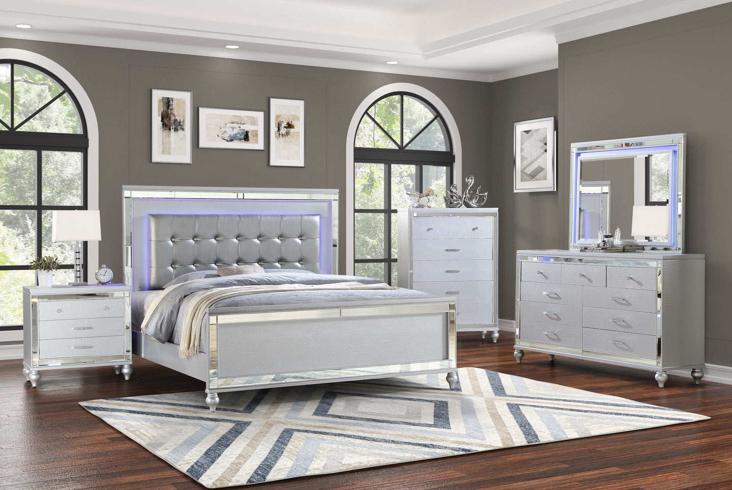 Valerie 6PC LED Bedroom Set With Tufted PU Headboard Silver