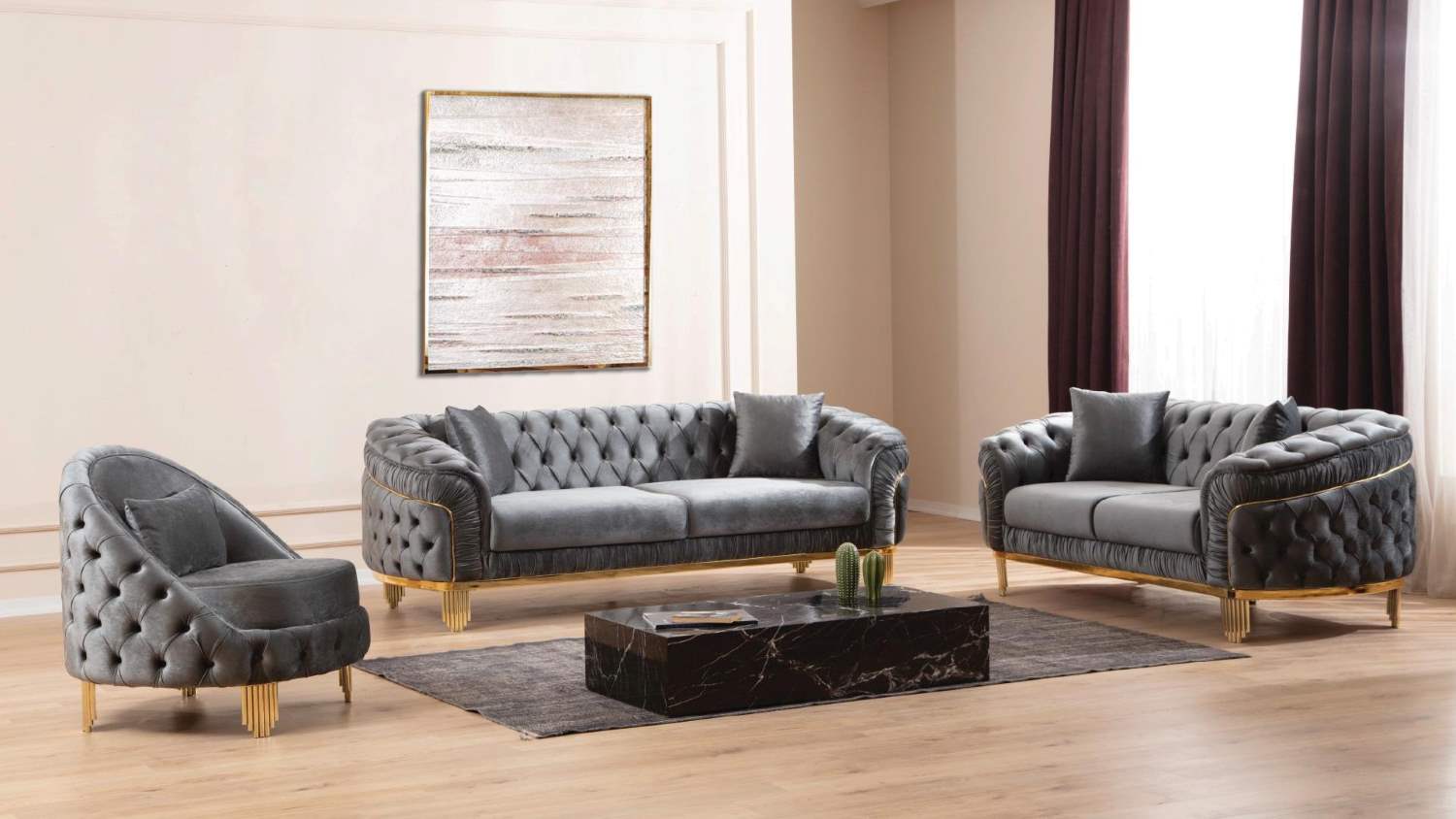 Vanessa Grey Velvet Sofa Set with Deep Button Tufted Design 6725