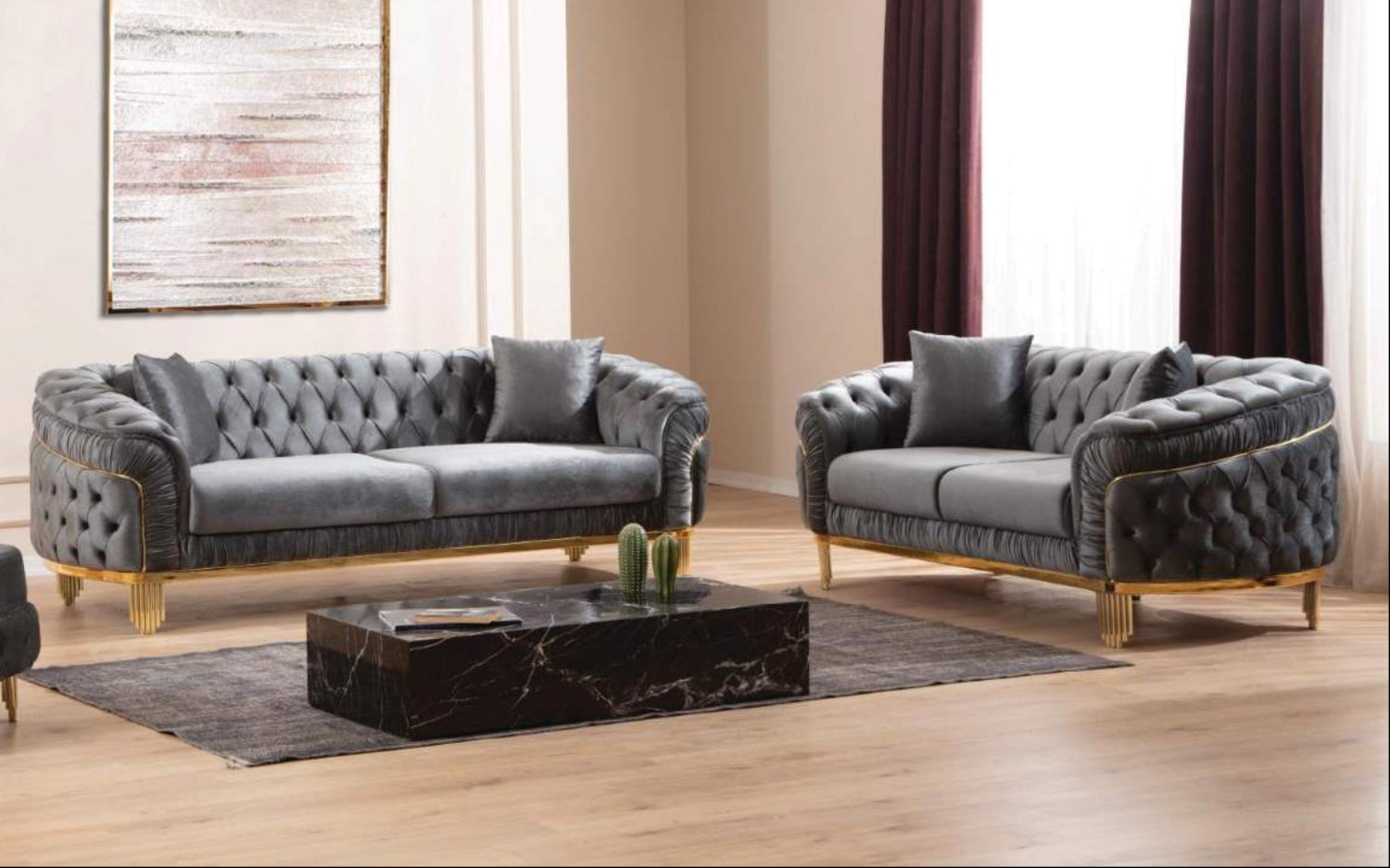Vanessa Grey Velvet Sofa Set with Deep Button Tufted Design 6725