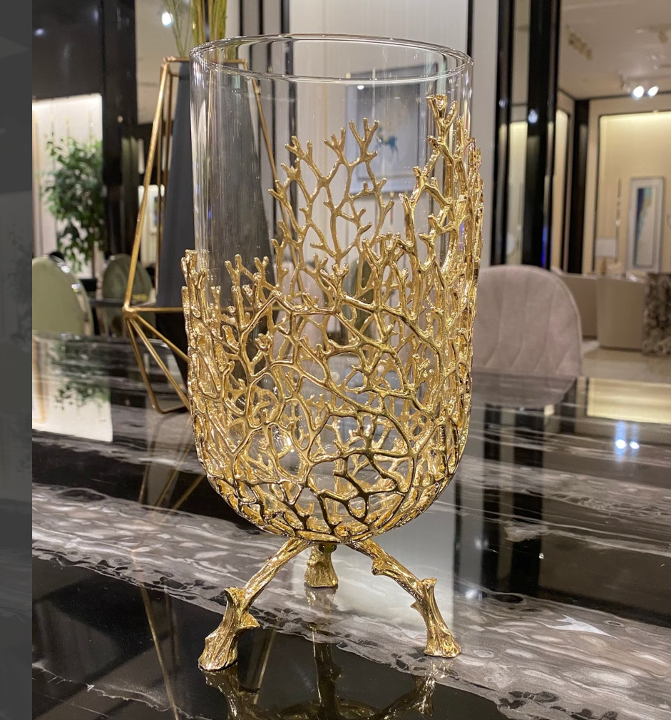 Vase Sculpture Gold Tree Metal Copper Plated Glass Flower Vase Centre Piece for Home Decor in Gold