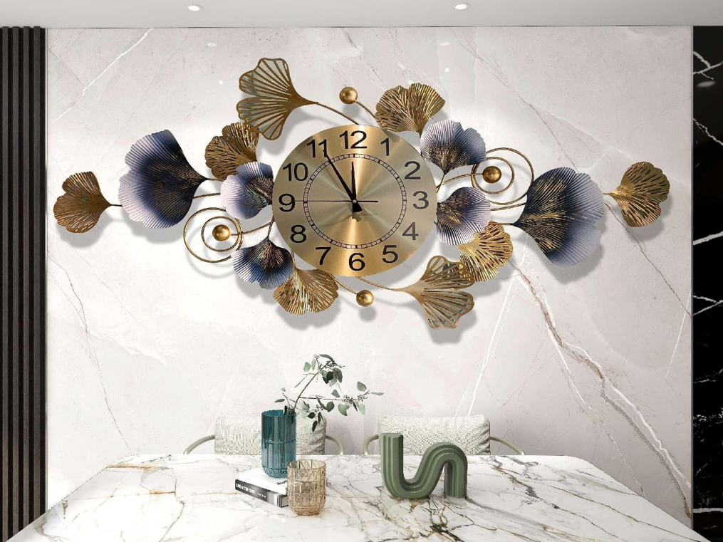 Wall Clock Gold Metal with BLUE and GREY Large HORIZONTAL Modern Decor
