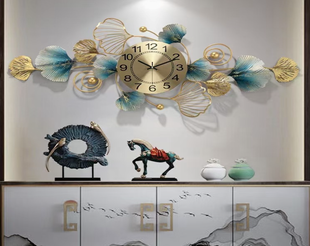 Wall Clock Gold Metal with GREEN Large HORIZONTAL Modern Decor
