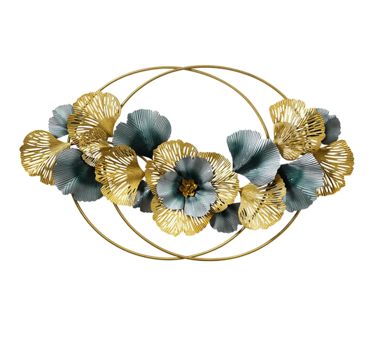 Wall Décor in Large Golden Metal of Gold, Grey & Dark BLUE Gradient Flowers