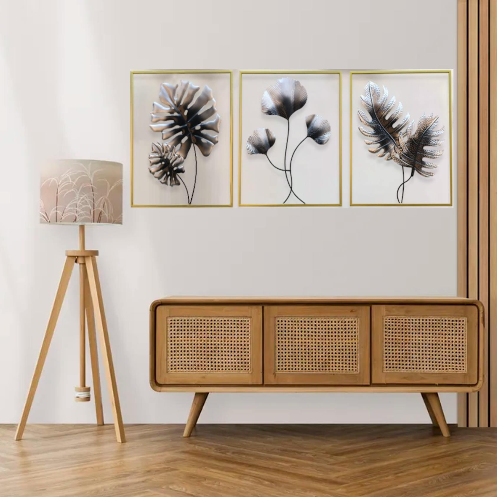 Wall Décor in Silver, Gold & Black Metal of Flowers & Leaves Set of Three