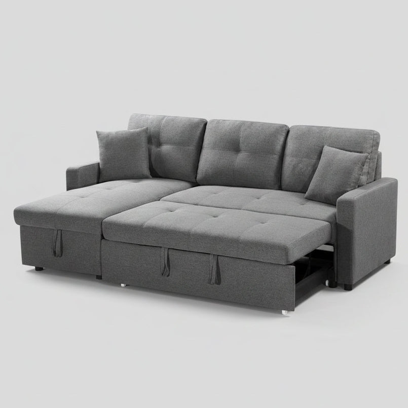 Gray sectional sofa with storage drawers on a light gray background