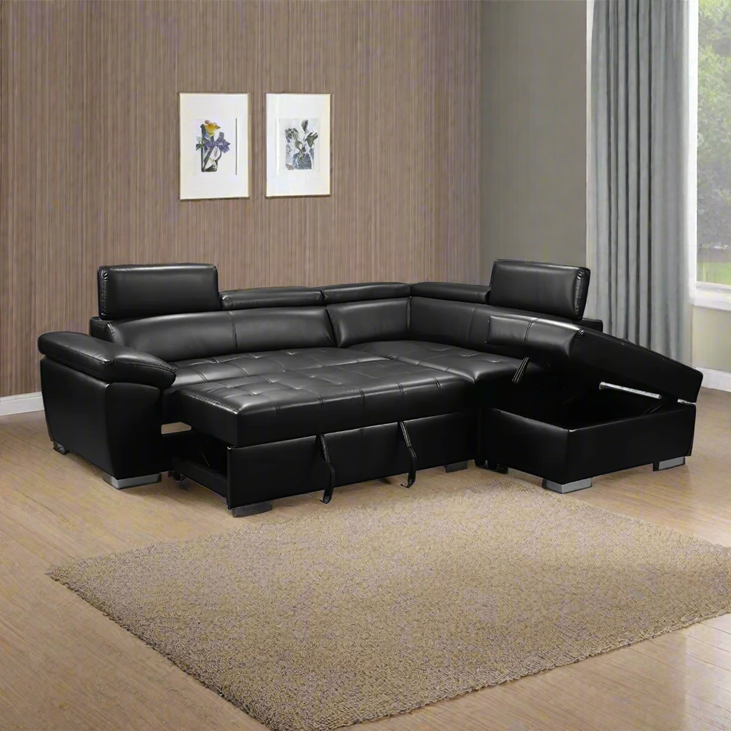 Laura Sectional Sofa Bed Black Air Leather