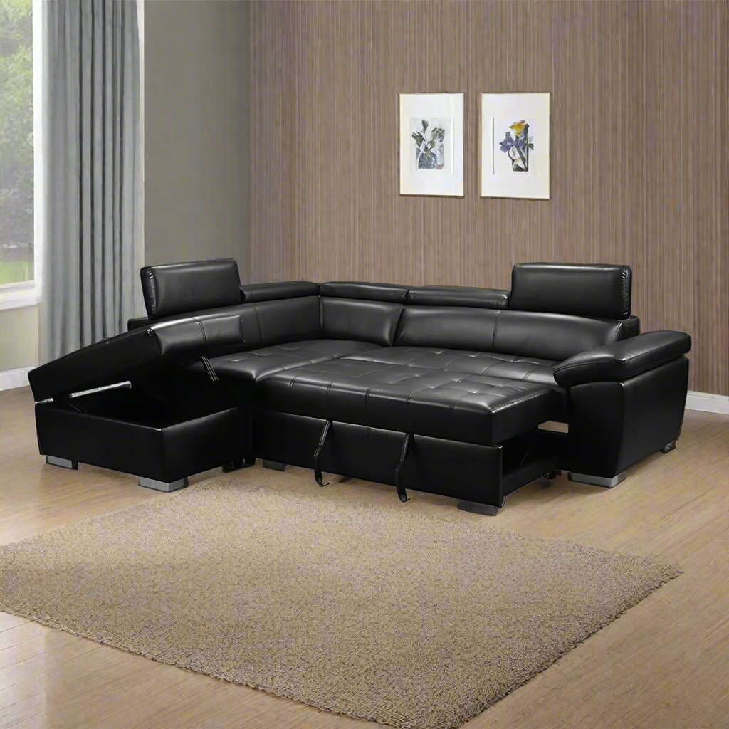 Laura Sectional Sofa Bed Black Air Leather