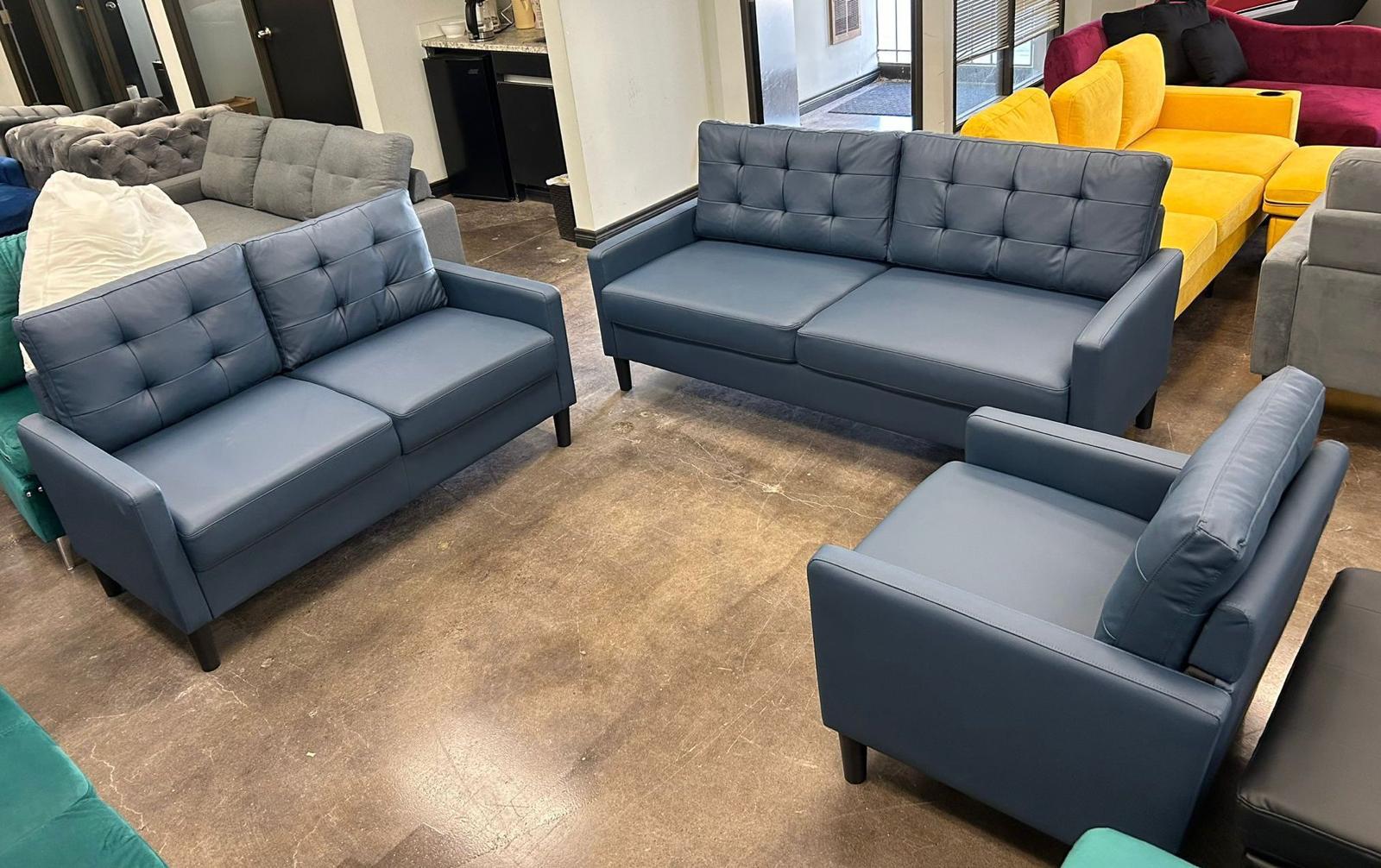 Dark Blue Soft Faux Leather Sofa Set 2403