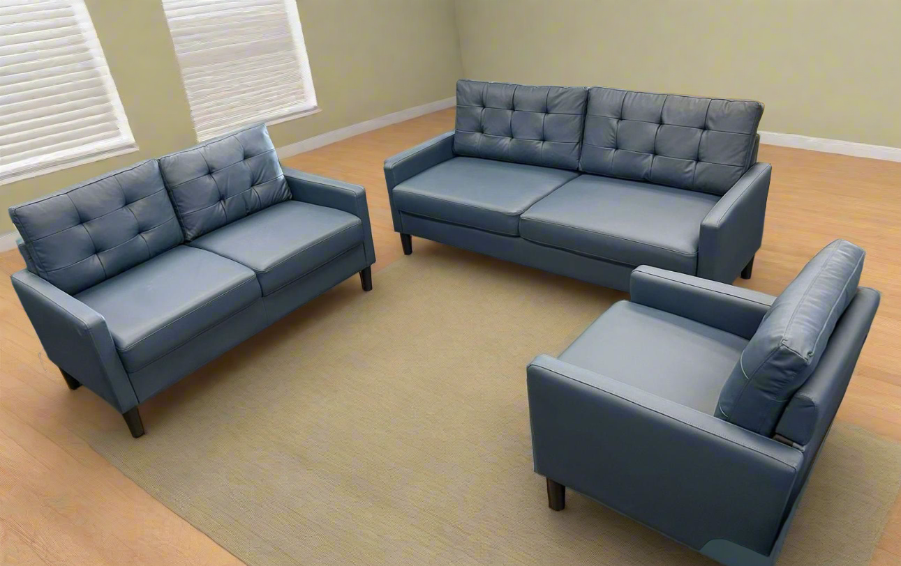 Dark Blue Soft Faux Leather Sofa Set 2403
