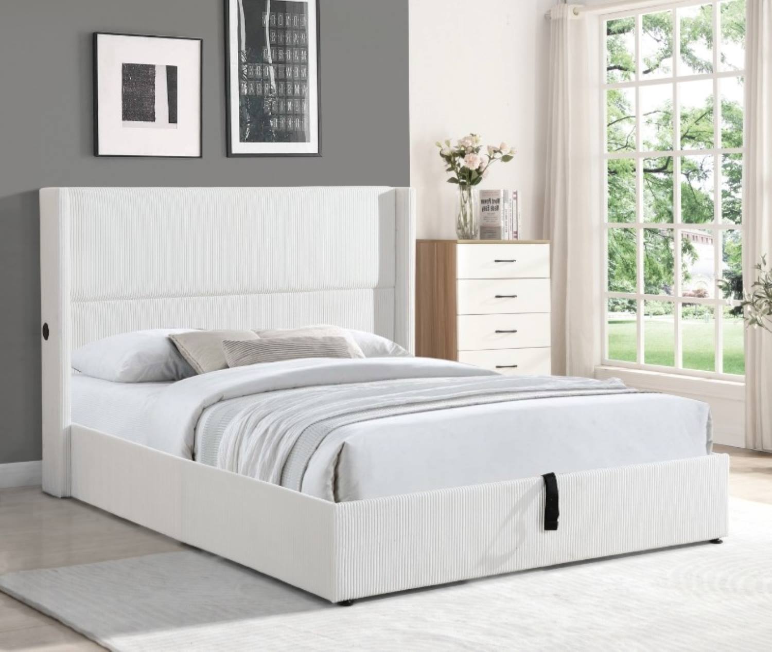 White Hydraulic Lift Corduroy Fabric Bed with Built-In USB Charging Ports 2164