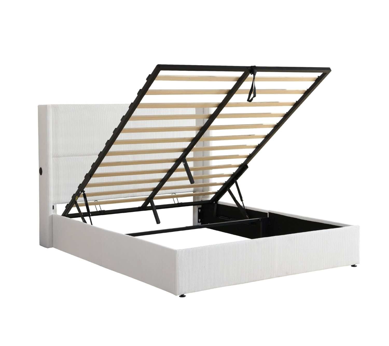 White Hydraulic Lift Corduroy Fabric Bed with Built-In USB Charging Ports 2164
