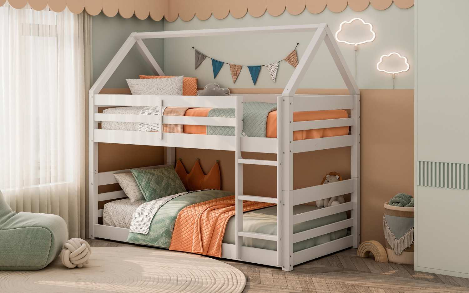White Wooden Bloom Single Bunk Bed With Open Roof 2004
