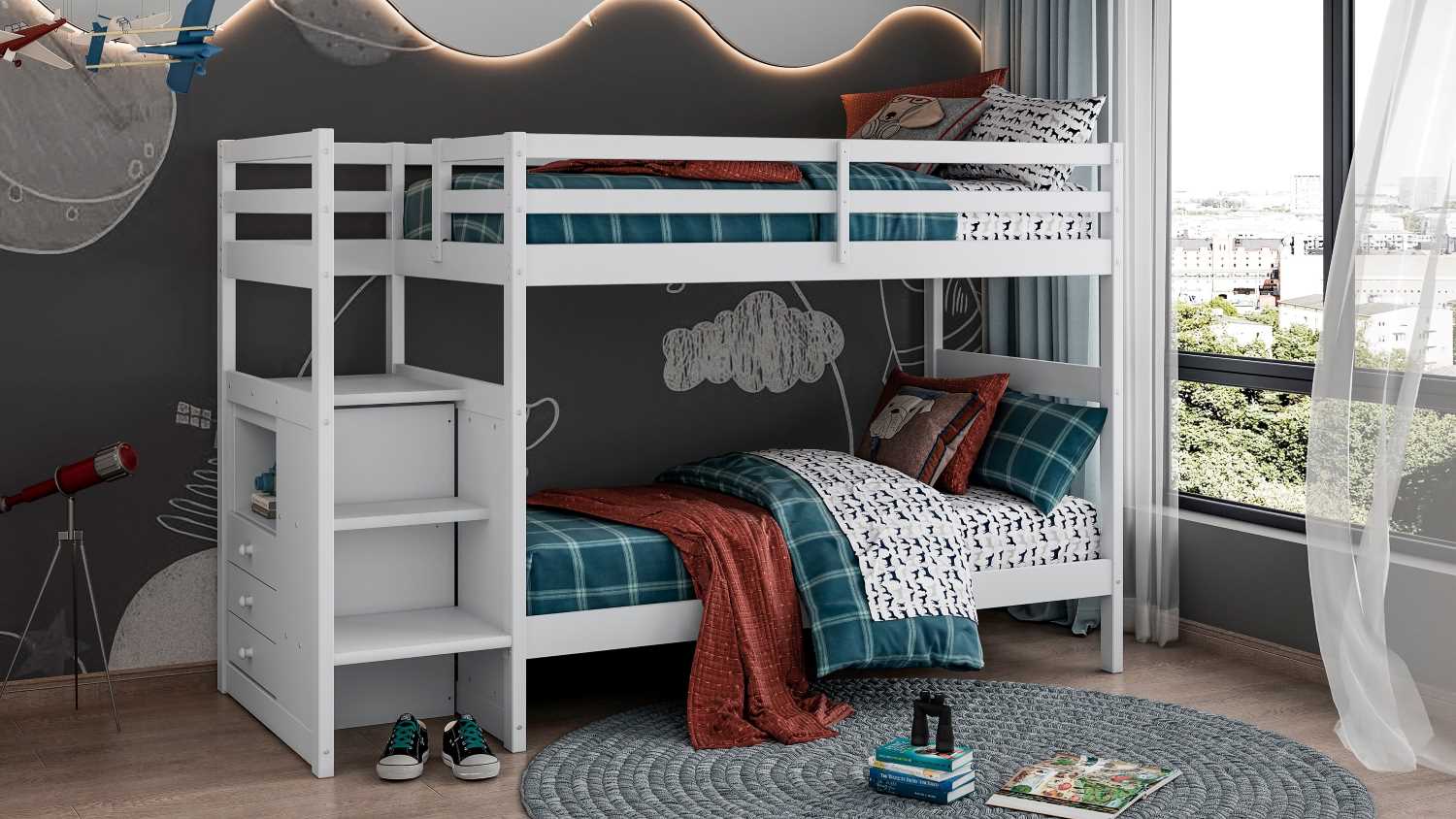 White Wooden Stairway Single Bunk Bed 2005