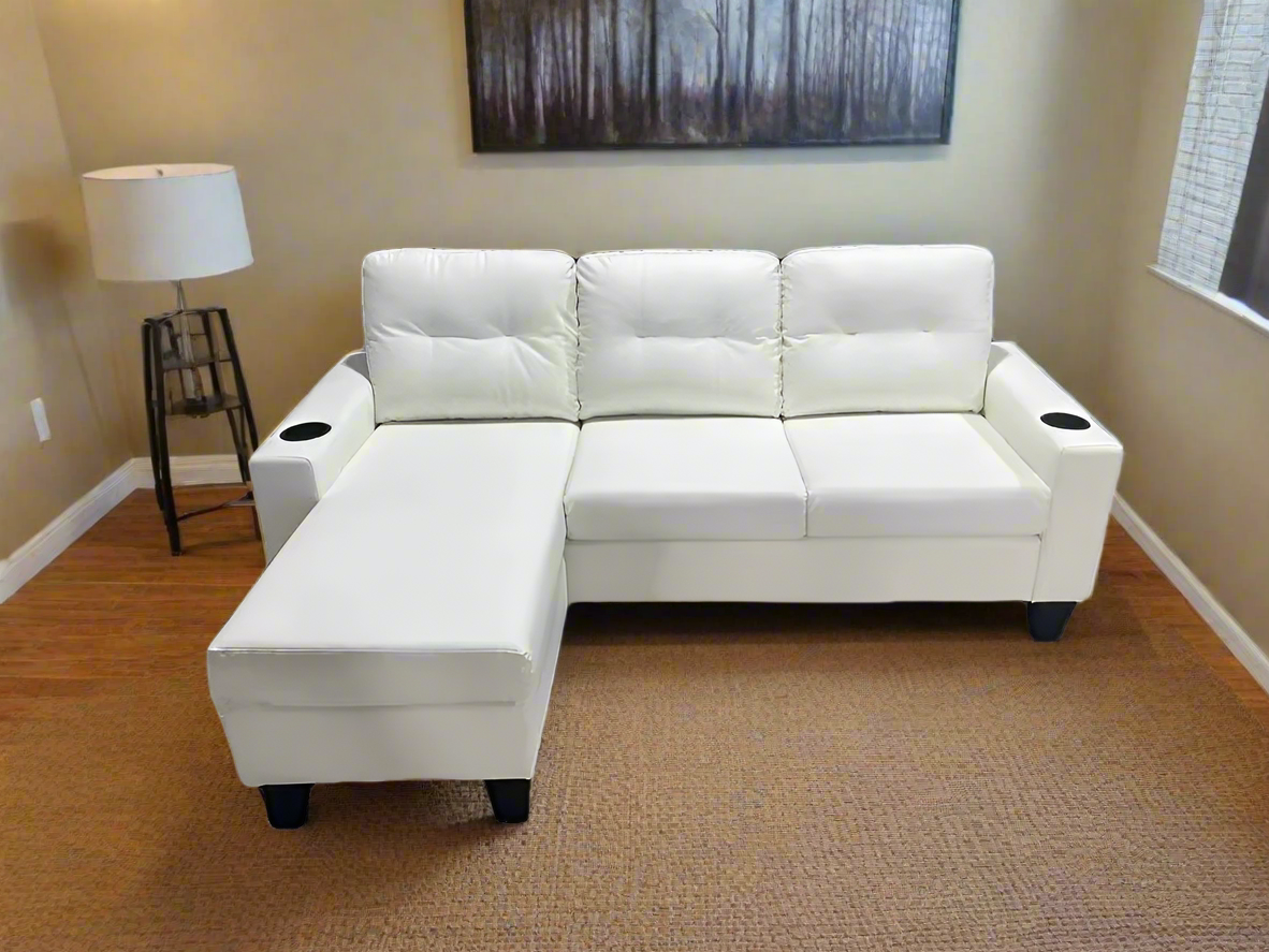 White PU Reversible Sectional Sofa with Cup Holder 2217