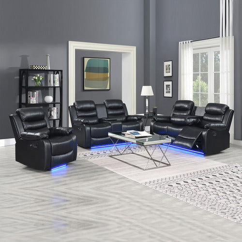 Nora LED Manual Recliner Sofa Set Black Faux Leather 2678