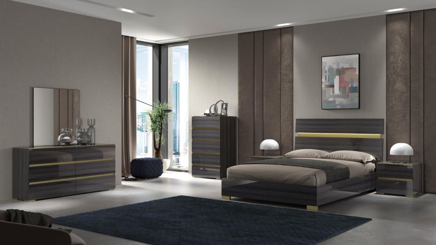 Yvette Iron Grey 6PC Lacquer Bedroom Set With LED Headboard