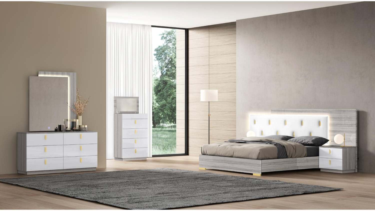 Zain Grey Angly Lacquer Bed with Upholstered Headboard & LED Light 1891