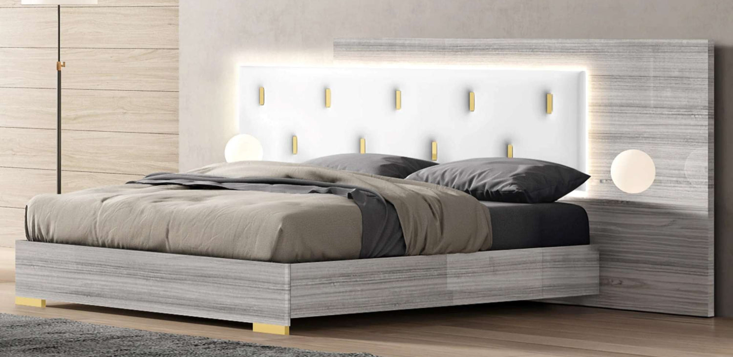 Zain Grey Angly Lacquer Bed with Upholstered Headboard & LED Light 1891
