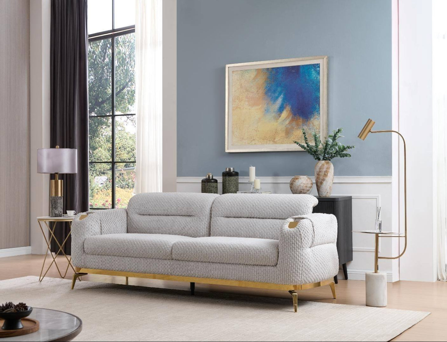 Zoe Grey Fabric Sofa Set with Gold Legs 8425