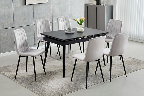 Extendable Sintered Stone Black Marble Top Table with Light Grey Chairs Set T-1472/C-1473