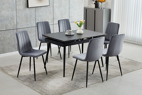 Extendable Black Sintered Stone Dining Table with Dark Grey Chair Set - T-1472/C-1474