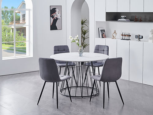White Marble Veneer Top Table with 4 Grey Velvet Chairs T-1590 C-1592