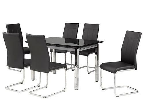 Extension Black Tempered Glass Table with Black PU Chairs - T-1505/C-1877