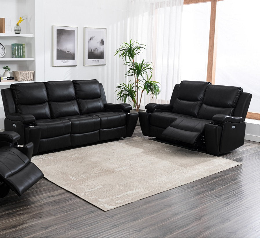 Black Leather Gel Power Recliner Sofa Set 8032