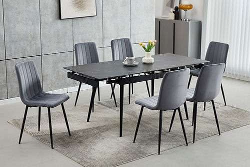 Extendable Black Sintered Stone Dining Table with Dark Grey Chair Set - T-1472/C-1474