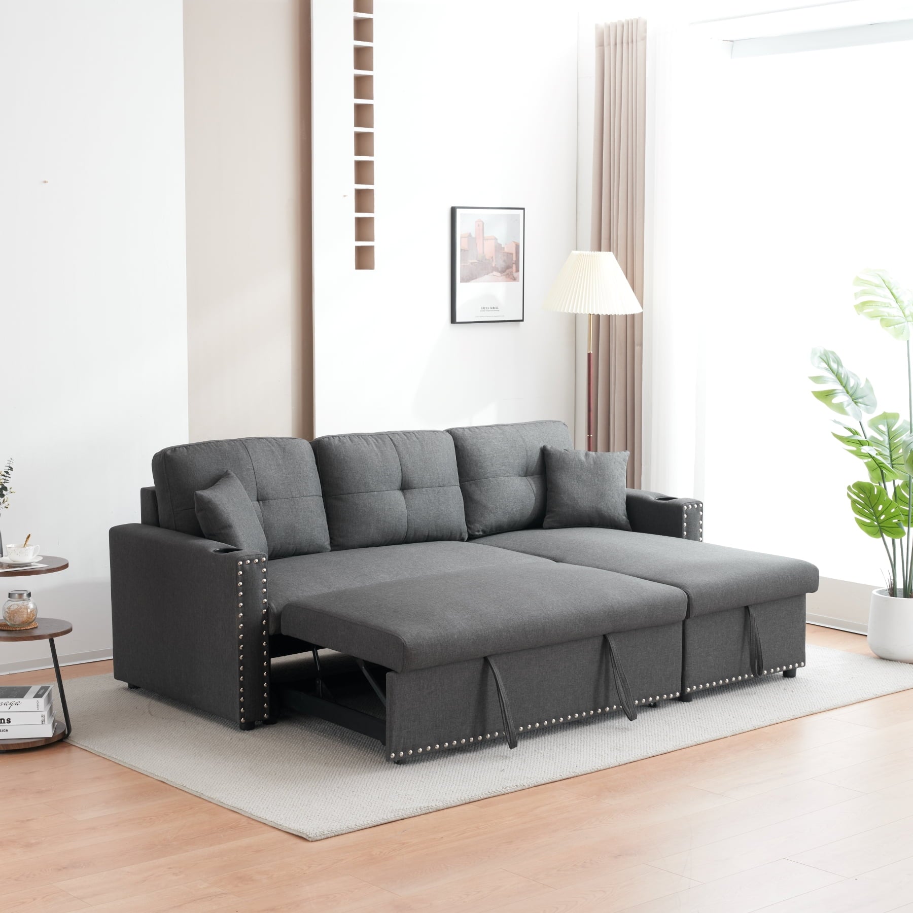 Reversible Grey Pull Out Sectional Sofa Bed With Storage Chaise & Cup Holder 4788