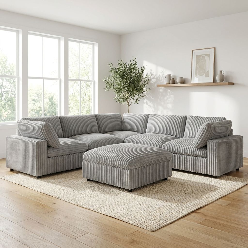Colton Mink Fabric Modular Sectional With Ottoman Light Grey 8989