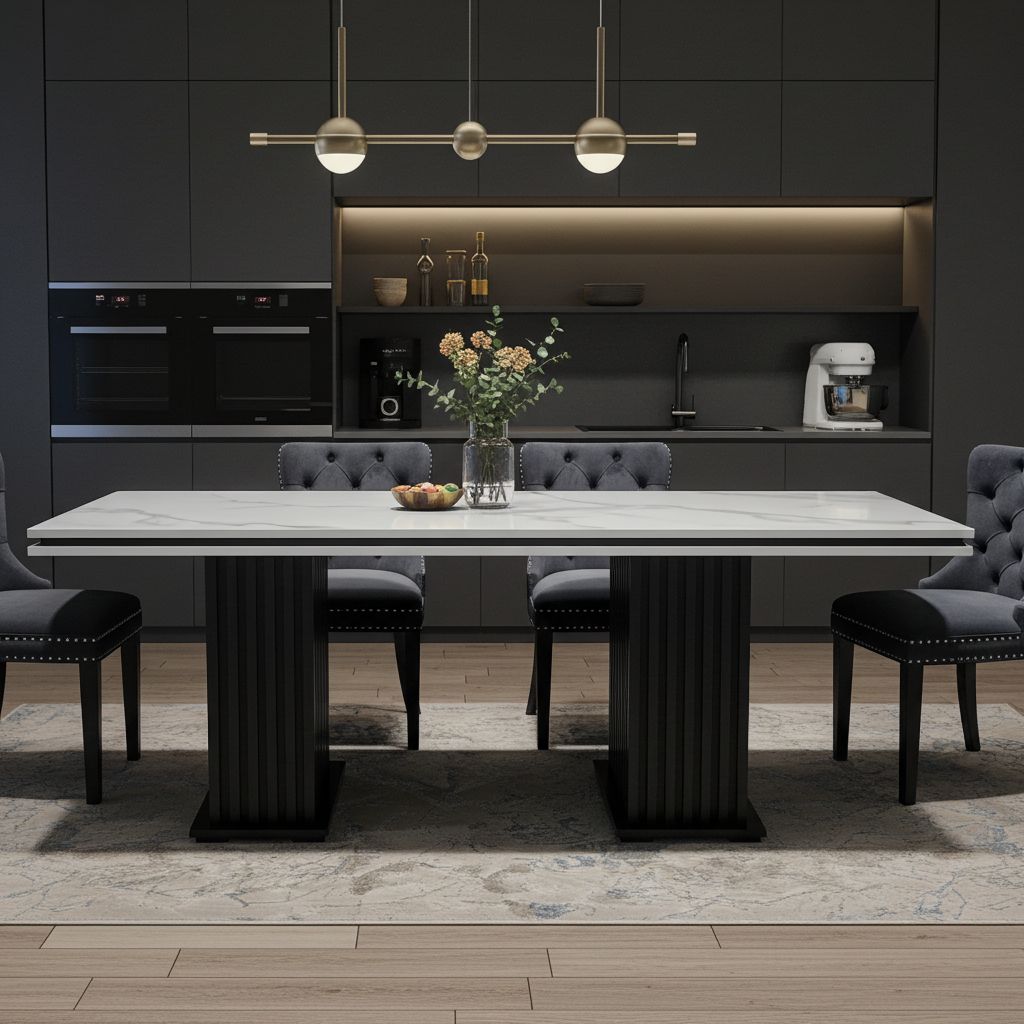 Dining table with chairs in a modern kitchen setting