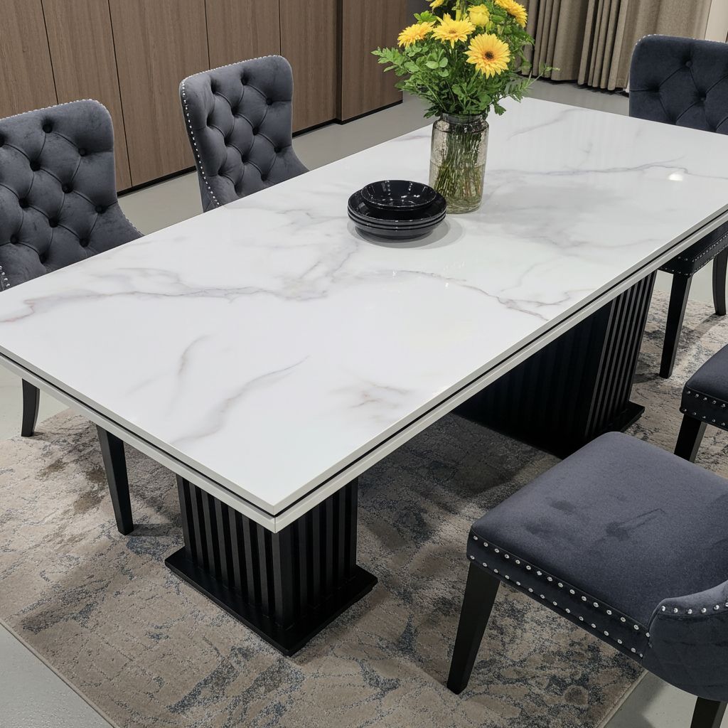 Dining table with marble-like surface and black legs, surrounded by gray tufted chairs.