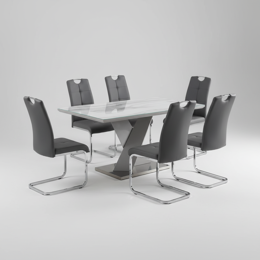 Granite Faux Marble Glass top Dining Table with 6 Black Faux Leather Chair