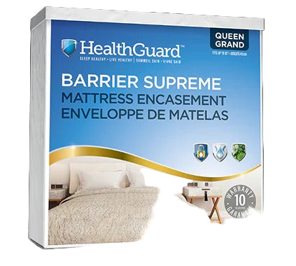 HealthGuard Barrier Supreme mattress encasement packaging on a black background