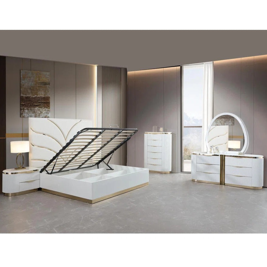 Laura White & Gold Lacquer 8 Pc Lift Up Bedroom Set 1401