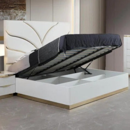 Laura White & Gold Lacquer Hydraulic Lift Up Bed With Fabric Headboard 1401