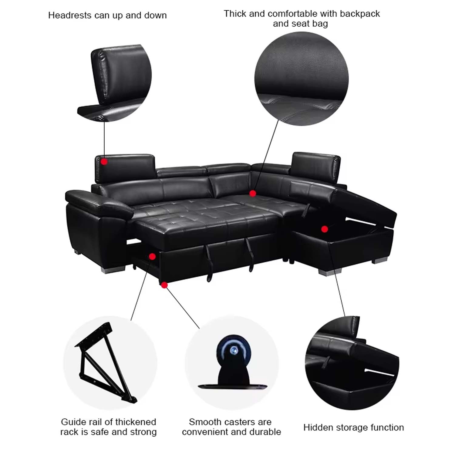 Laura Sectional Sofa Bed Black Air Leather