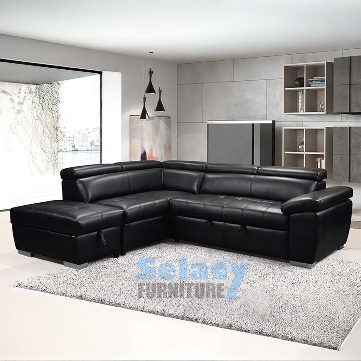 Laura Sectional Sofa Bed Black Air Leather
