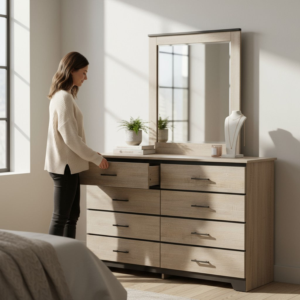 Canadian Made Two Tone Wooden Dresser & Mirror Continental Coast & Black 6741