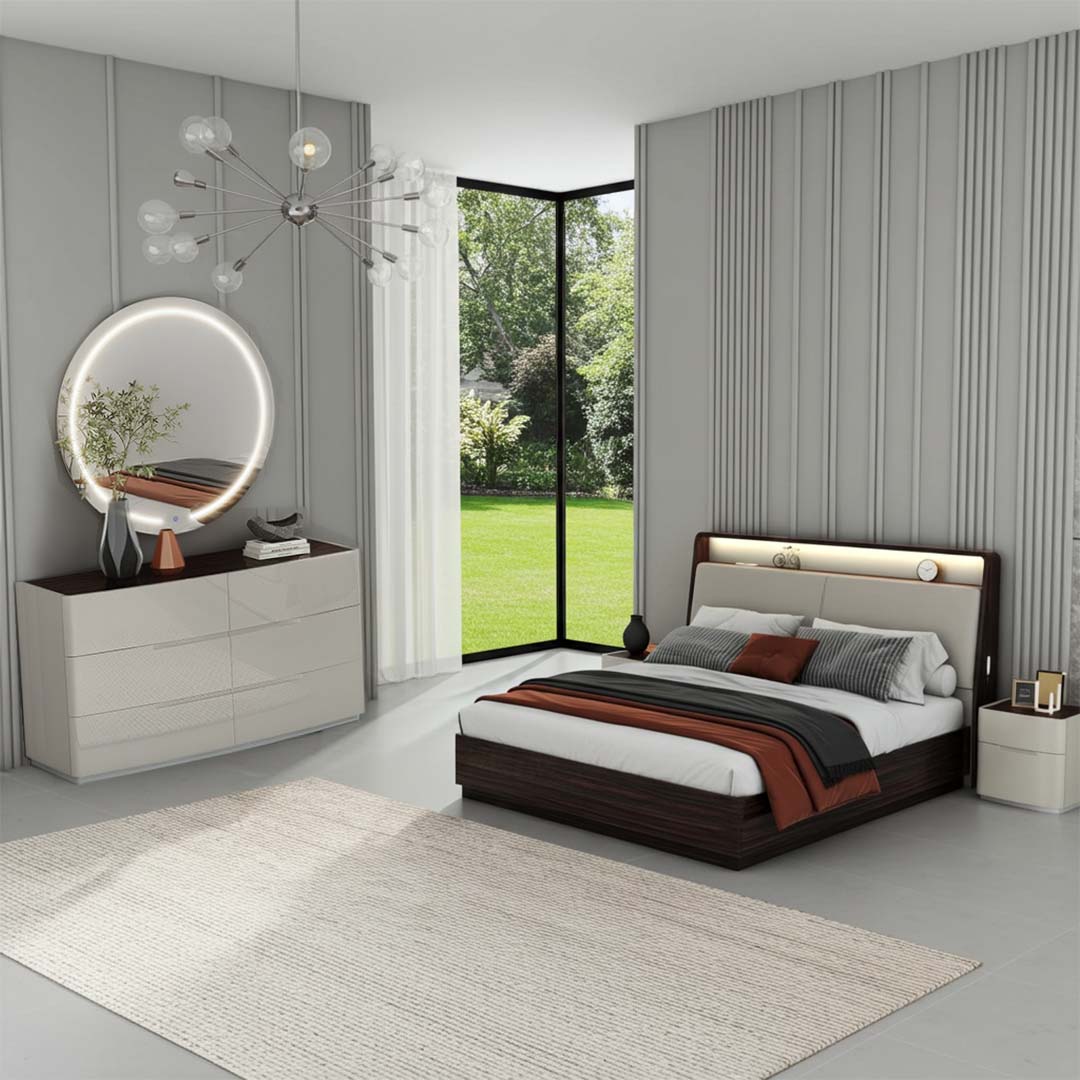 Mario Hydraulic Lift High Gloss Lacquer Bedroom Set Grey & Ebony