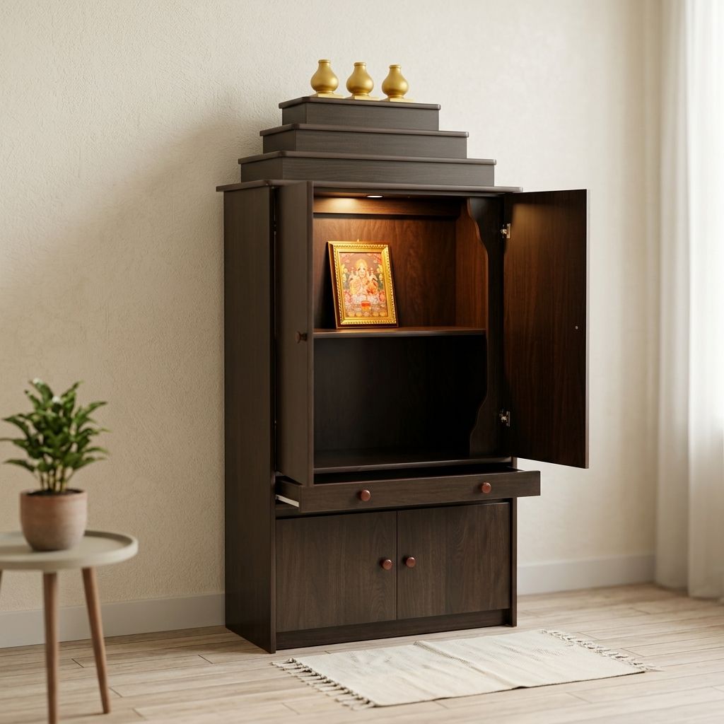 Navira Pooja Unit With Door, Light & Pull out Tray