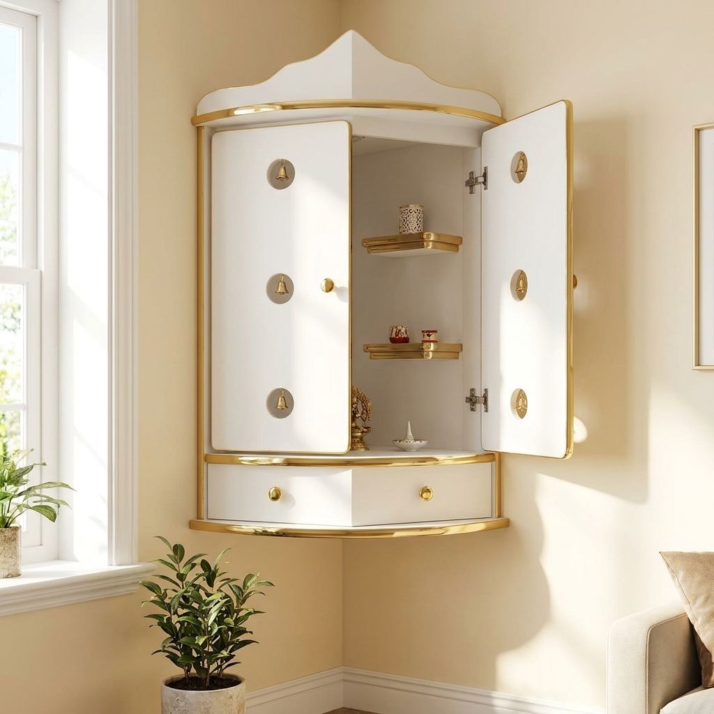 Parvathi Corner Wall Hangable Pooja Cabinet with Door & Bell