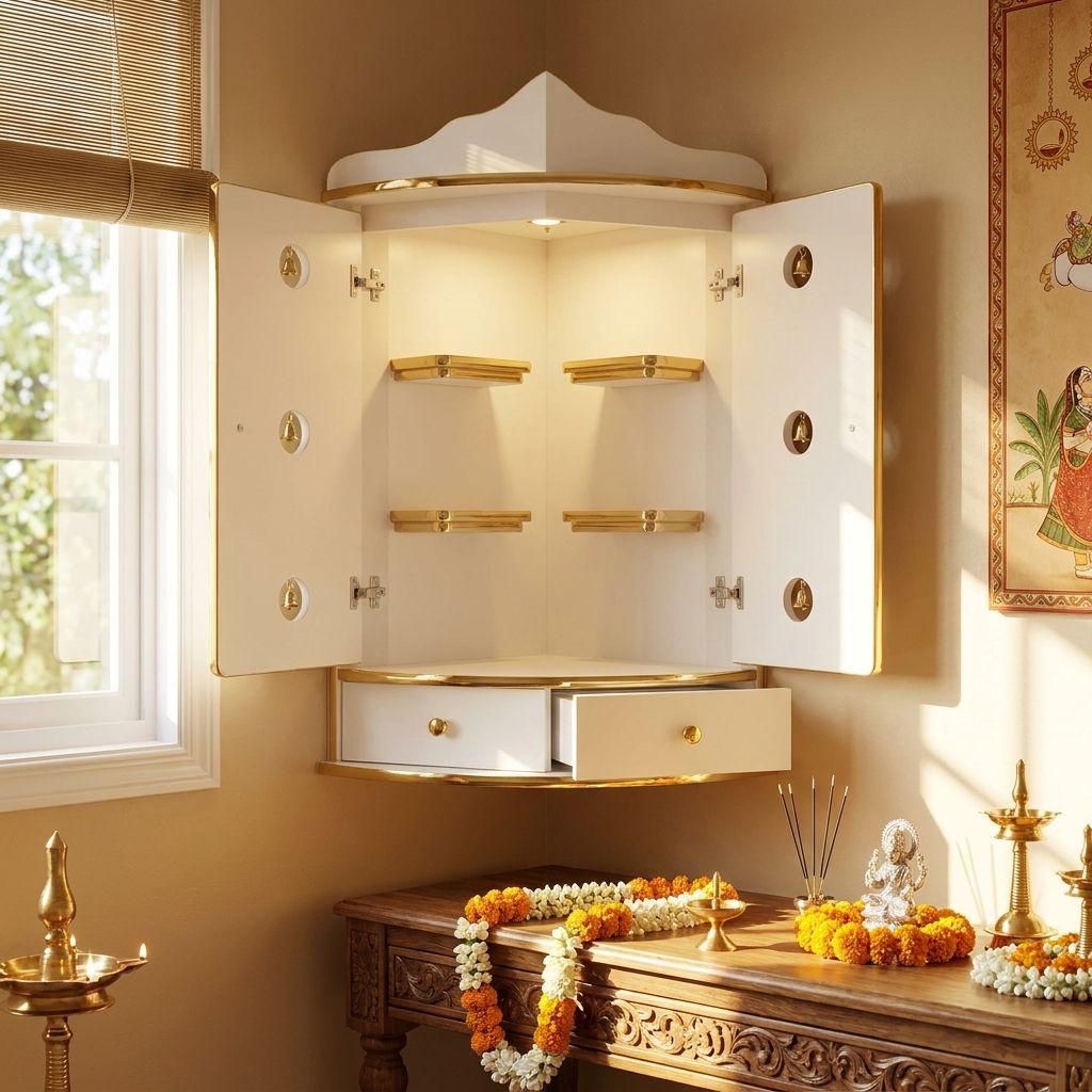 Parvathi Corner Wall Hangable Pooja Cabinet with Door & Bell