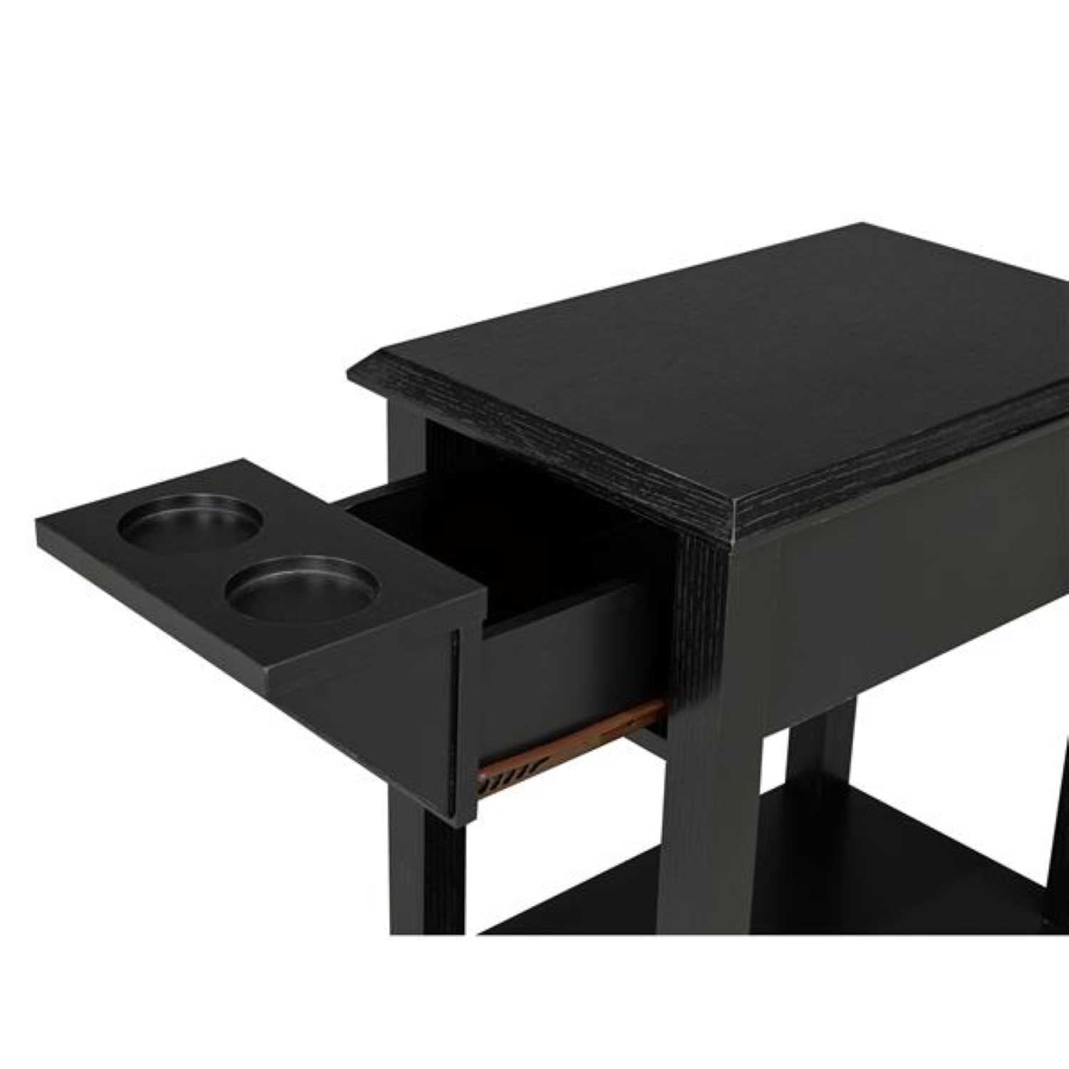 Black Wooden Accent Table With Storage Drawer And Cup Holder 18020