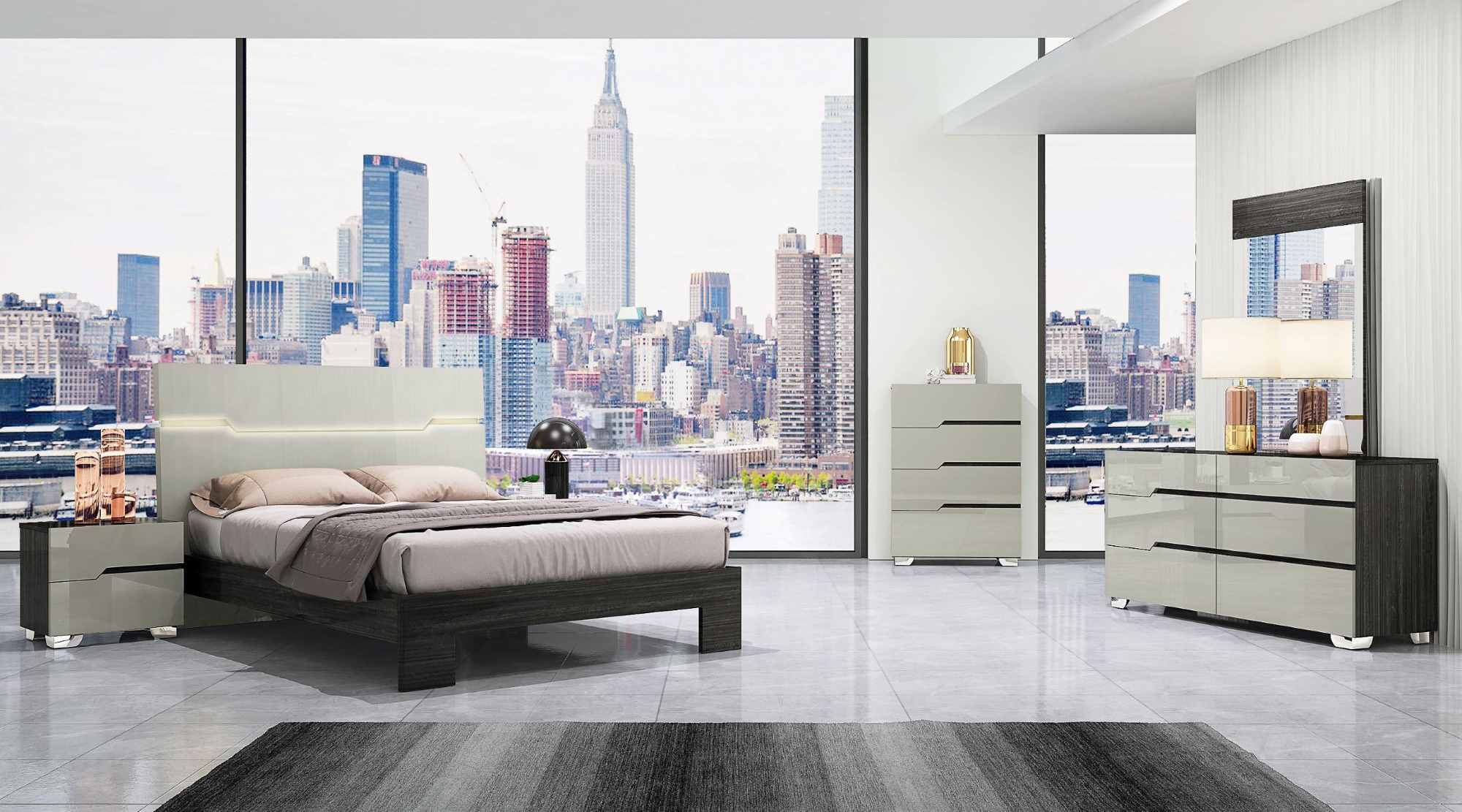 Skylar Gray Lacquer Bed With LED Headboard 1051