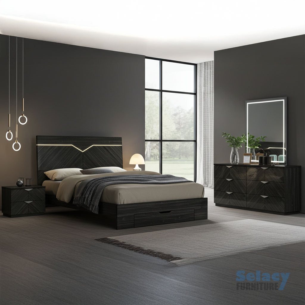 Stark Lacquer LED Bedroom Set Grey Angley B162